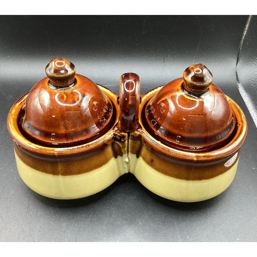 Vintage 70's Taiwan Stoneware Ceramic Brown/Tan Diner Condiment Double Dish‎ Jar